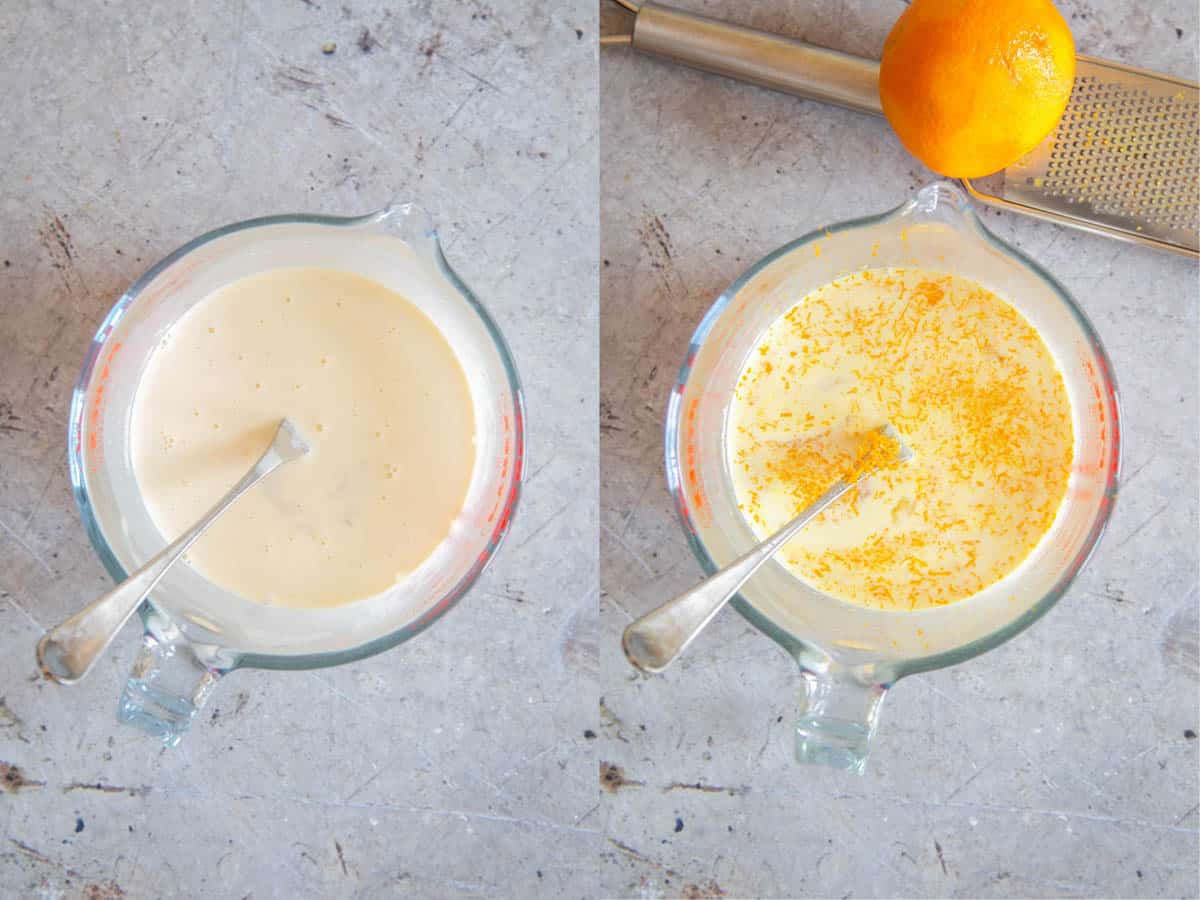 Left: mixing the custard ingredients. Right: adding the orange zest to the custard.