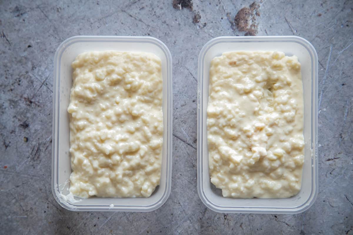 Takeaway trays make great freezer containers for rice pudding; reusing is better than recycling!
