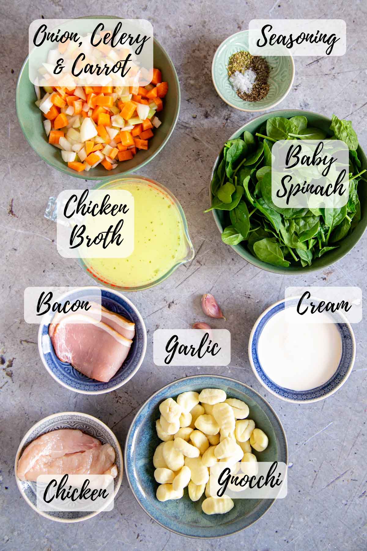 The ingredients: soffrito vegetables, seasoning, baby spinach, garlic, cream, gnocchi, chicken, bacon, and chicken broth.