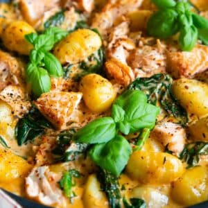 A colourful dish of creamy tomato salmon gnocchi with spinach and a garnish of basil, seen from above.