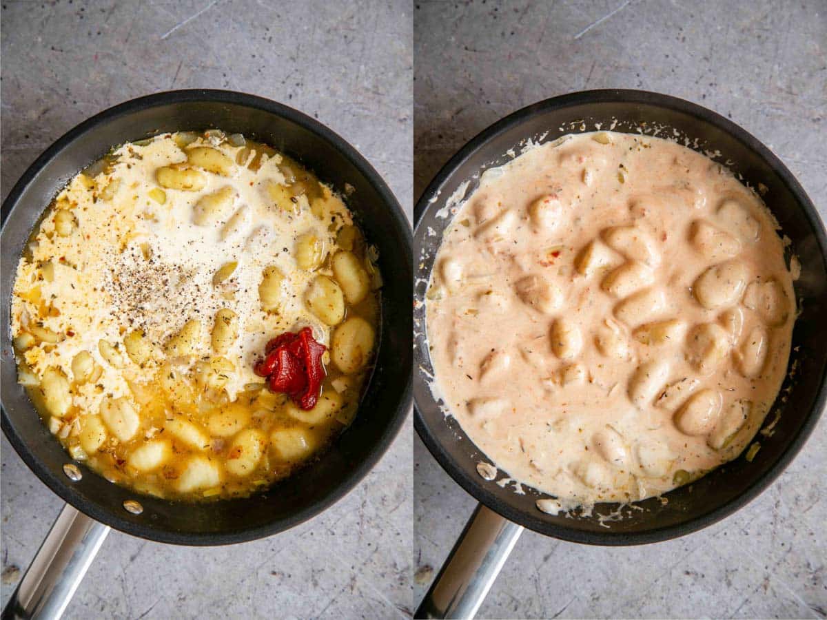 Left: the cream, tomato puree and lemon juice added to the pan. Right: A creamy, salmon coloured sauce forms.