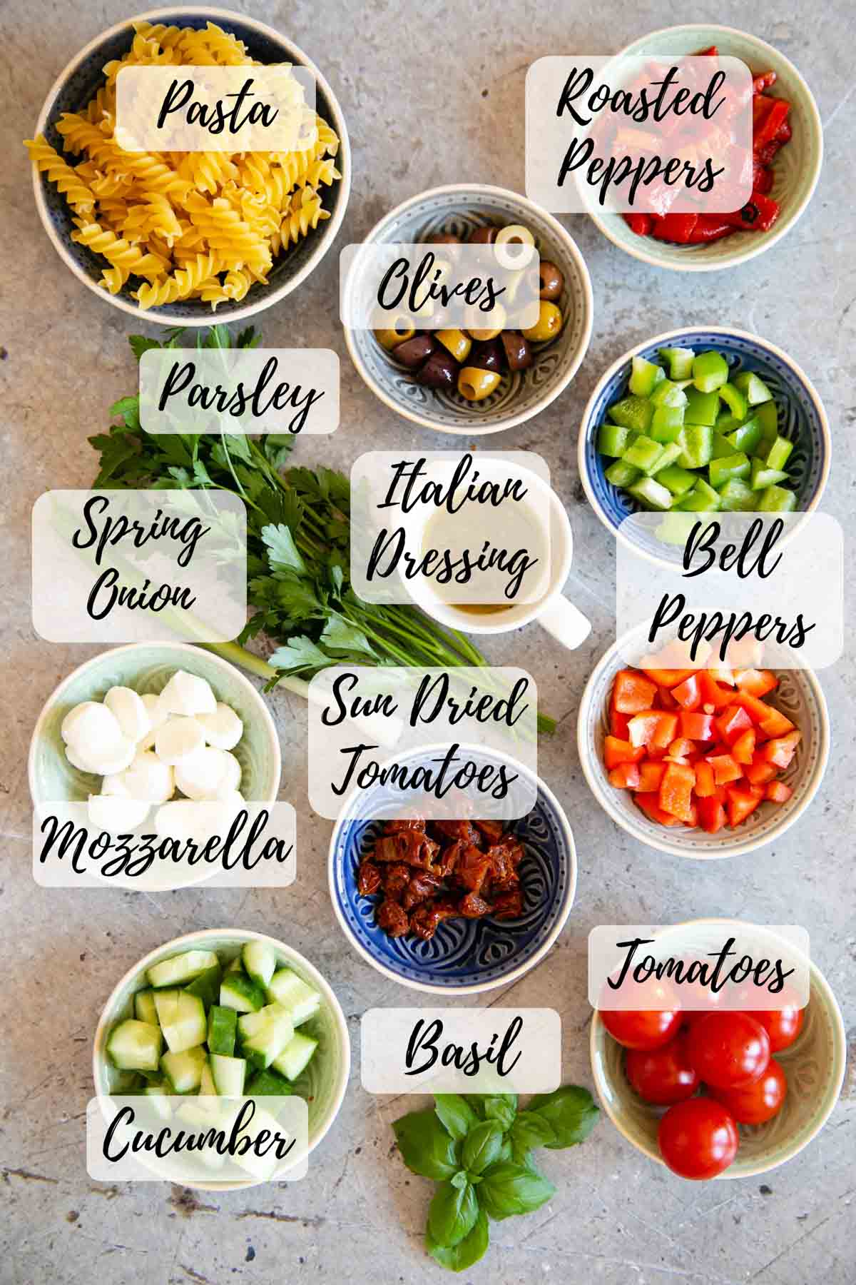 Ingredients for Italian pasta salad: dried pasta shapes, olives, roasted peppers, fresh red and green peppers, fresh and sundried tomatoes, basil, cucumber, mozzarella balls, spring onion, parsley and Italian dressing.