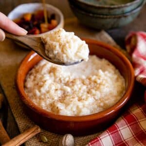 Deliciously creamy and easy to make, a dish of rich rice pudding ready to eat.