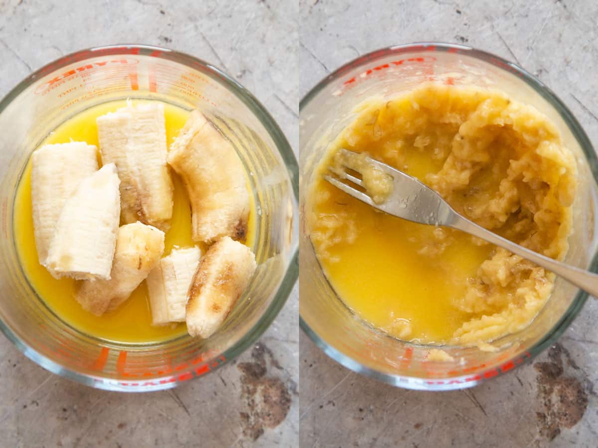 Left: the bananas added to the butter. Right: the bananas mashed in.