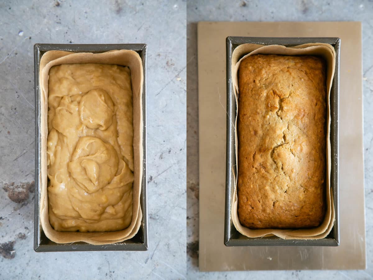Left: the batter transferred to a lined loaf tin. Right: the baked banana bread.