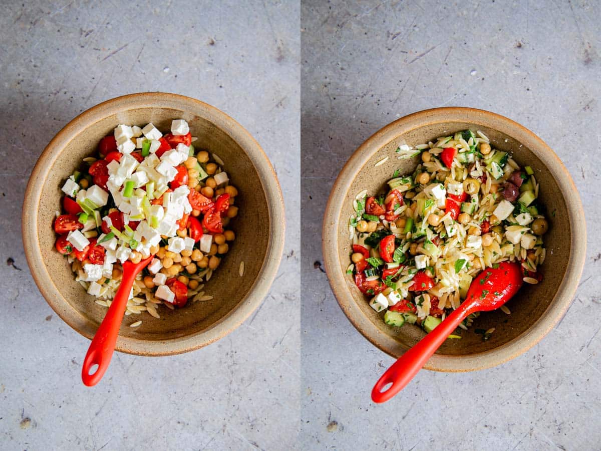 Left: Mixing in the ingredients. Right: the salad well combined.