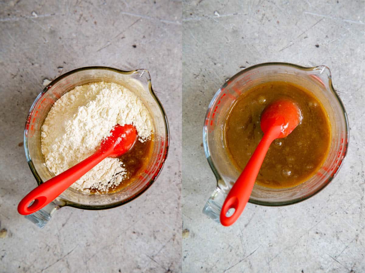 Left: adding the flour. Right: the batter with the flour stirred in well.