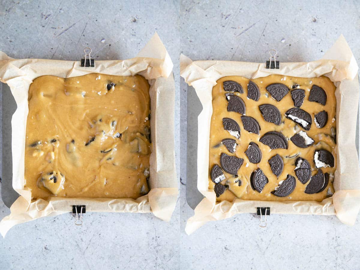Left: the batter filling the baking tray. Right: the last of the cookie pieces pressed into the top.