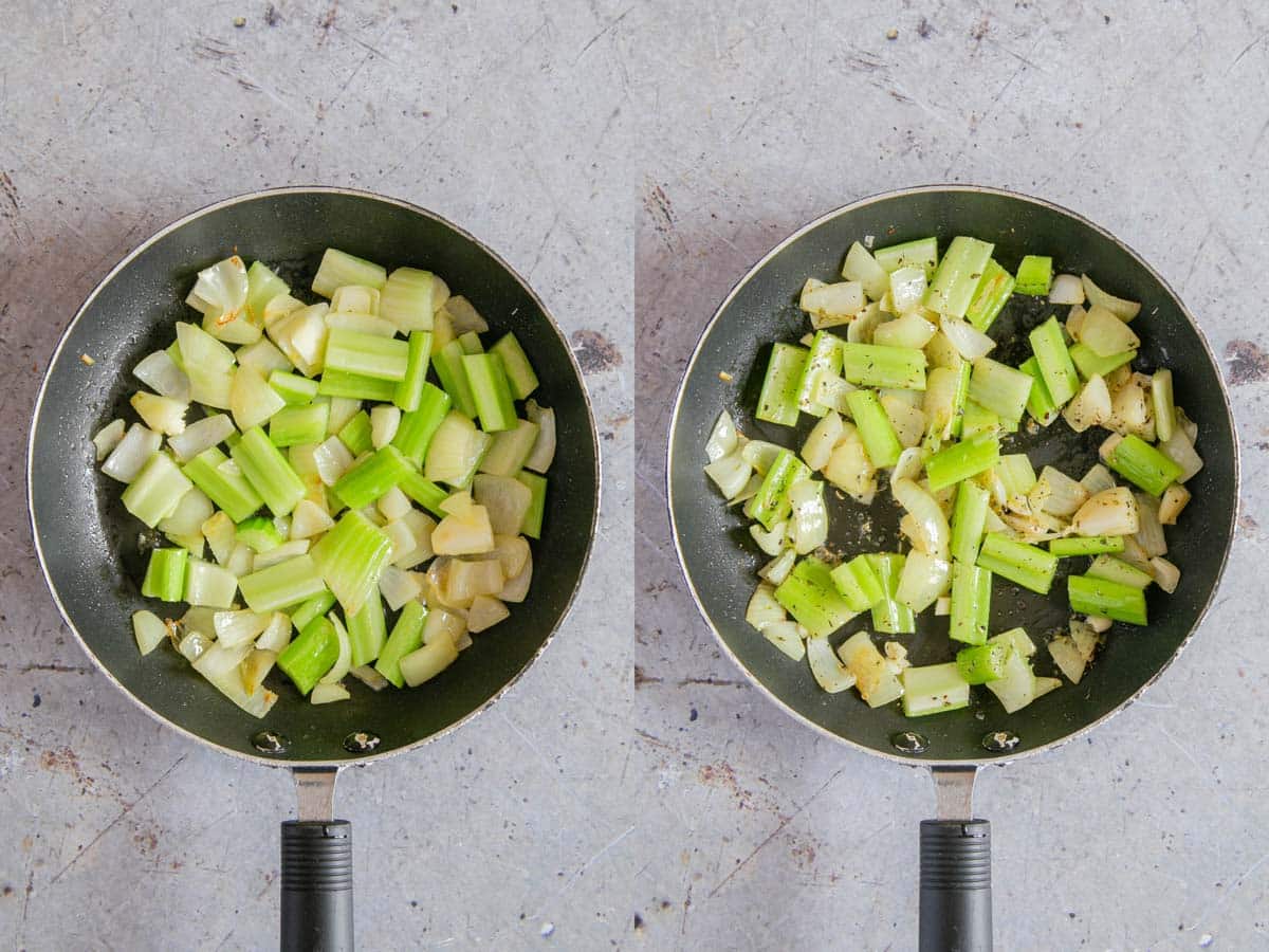Left: the onion and celery in the pan. Right: the garlic and seasoning added.
