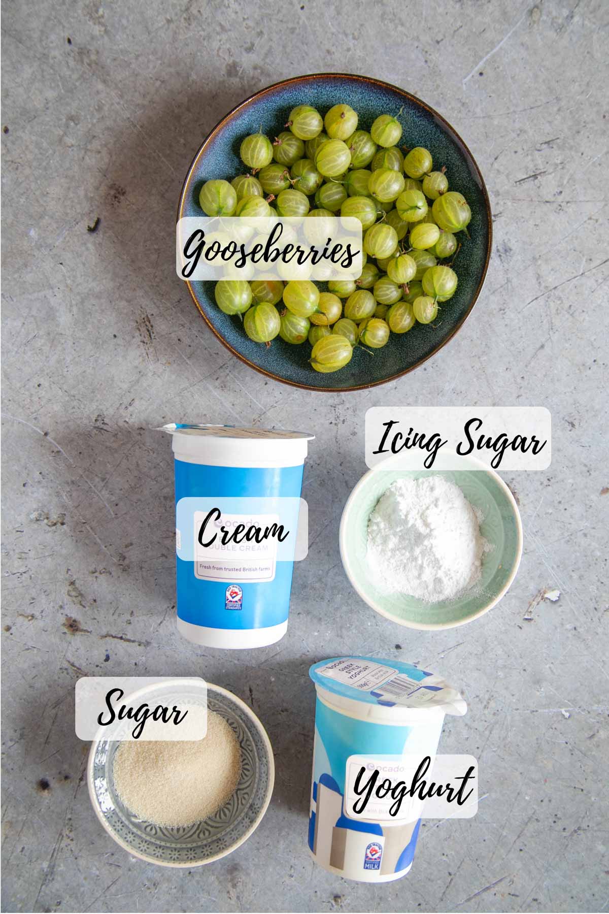 The ingredients: gooseberries, icing sugar, Greek yogurt, caster sugar, and cream.