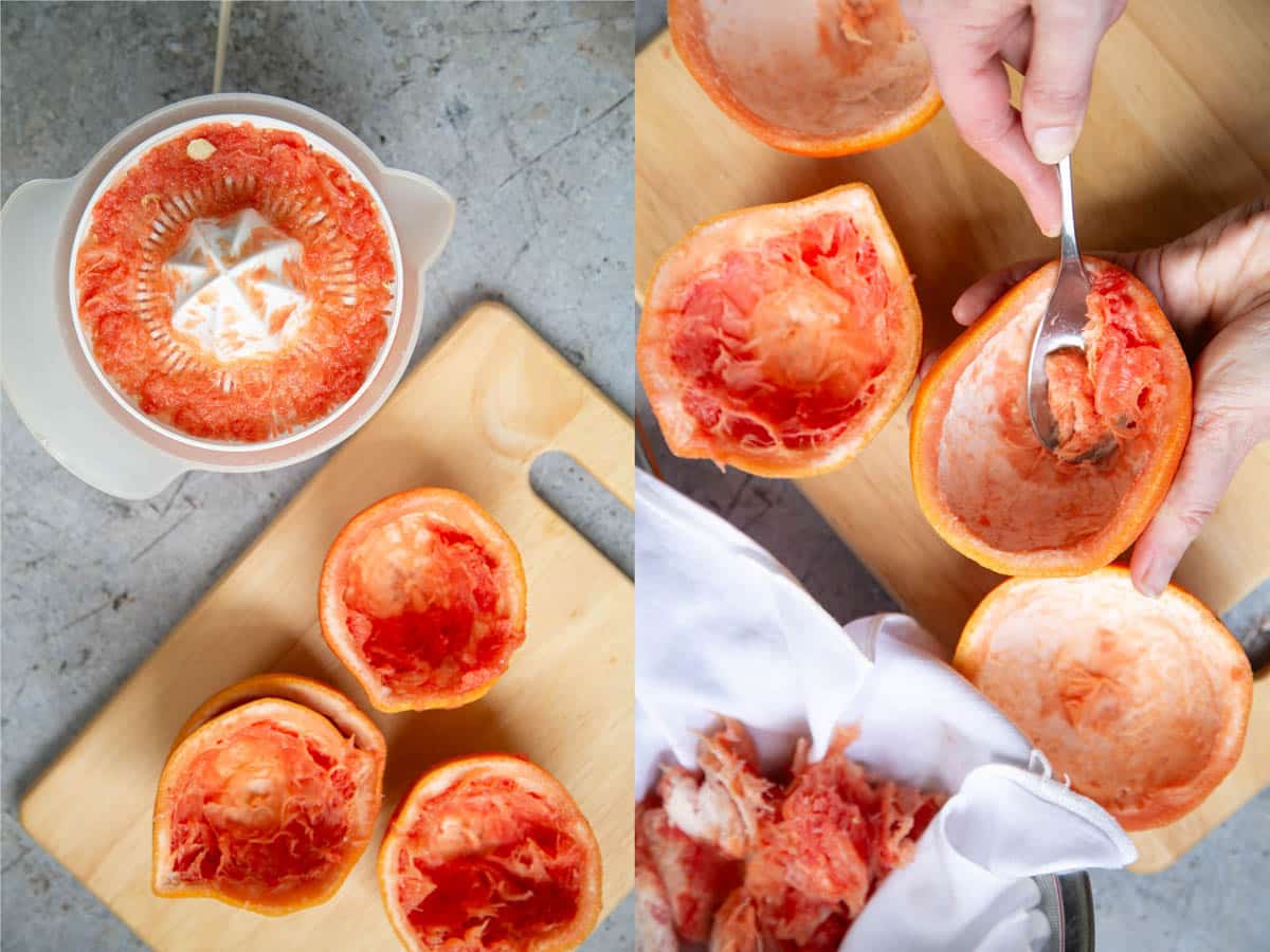 The grapefruit are juiced, and the pith is scraped out from the peel with a metal spoon.