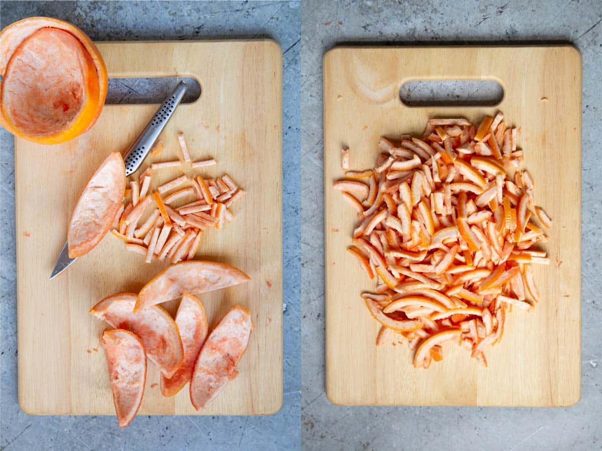 Cutting grapefruit peel into small strips,