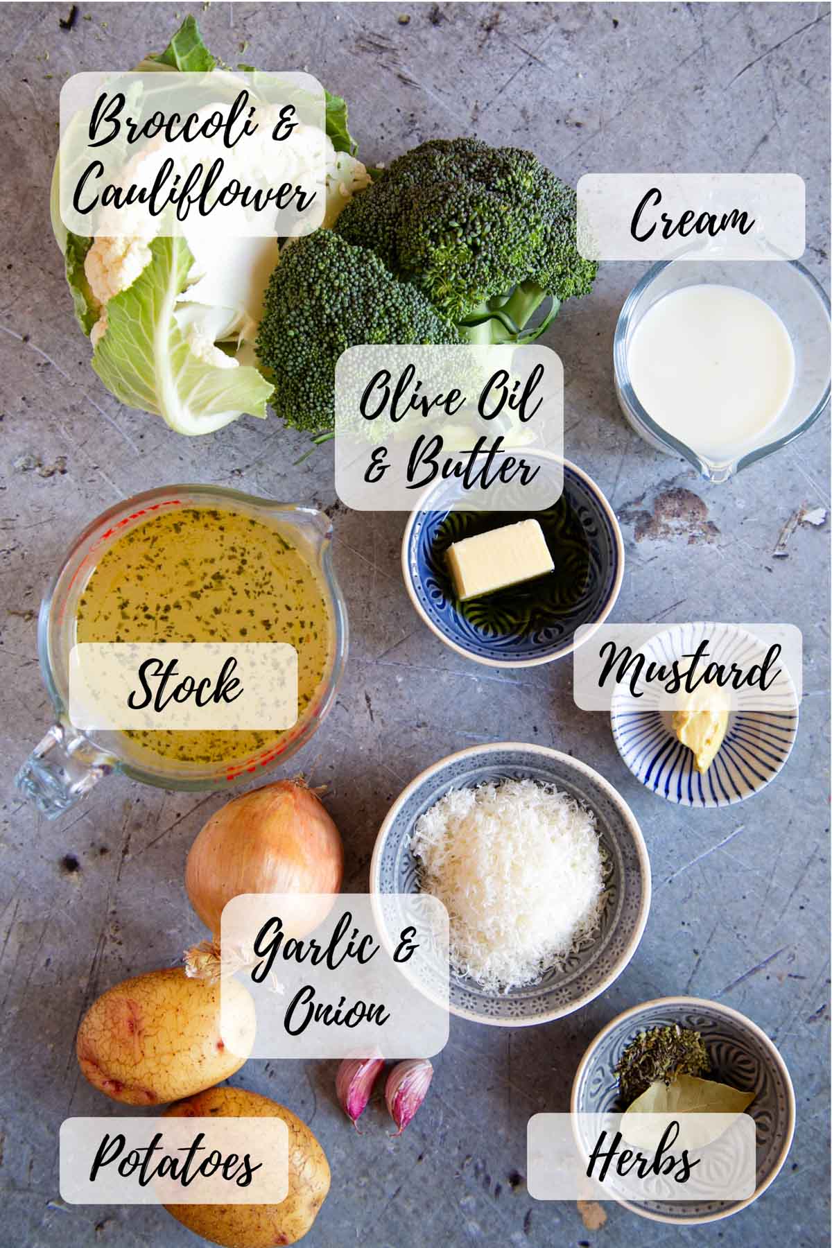 The ingredients, ready to cook: Cauliflower, broccoli, cream or milk, olive oil and butter, mustard, cheese, dried herbs, garlic, onion, potato, and stock. 