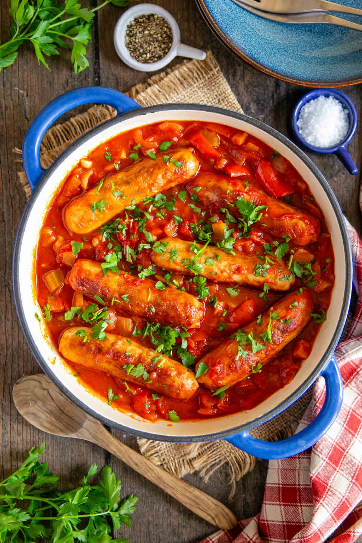 Sausage casserole on the table ready to serve, shown from above.