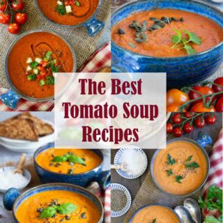 A collage of four pictures of tomato soups.