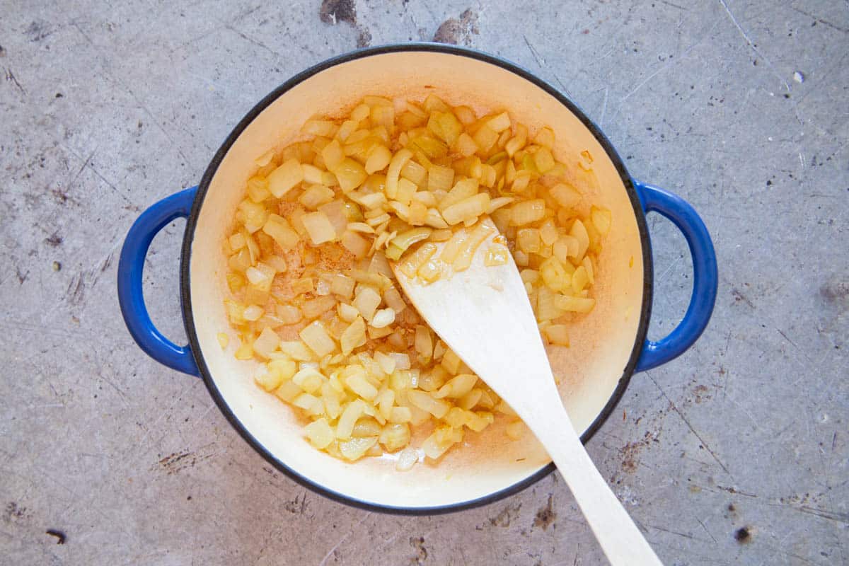 Frying the onions gently is essential to getting a flavour-packed base to the curry.