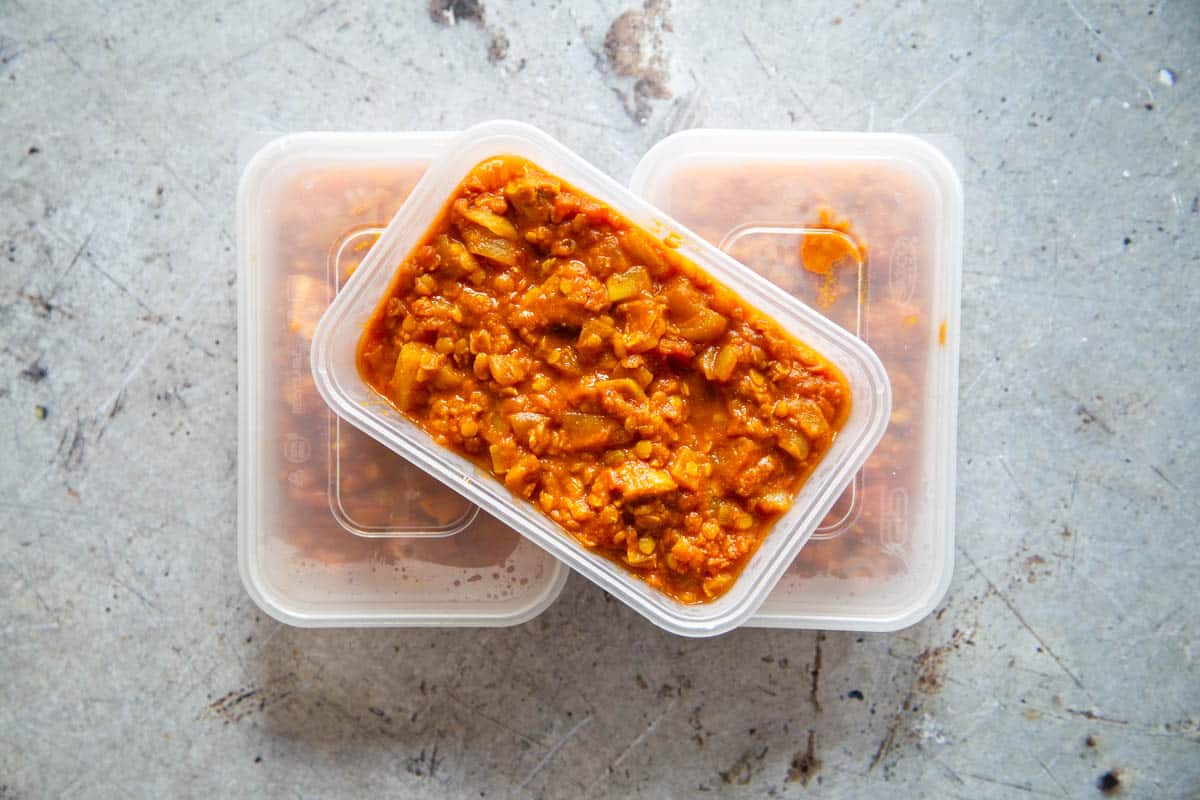 Takeaway restaurant trays can be reused as stackable freezer containers.