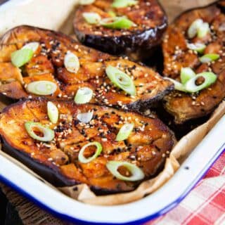 miso aubergines shining with a rich caramelized glaze.