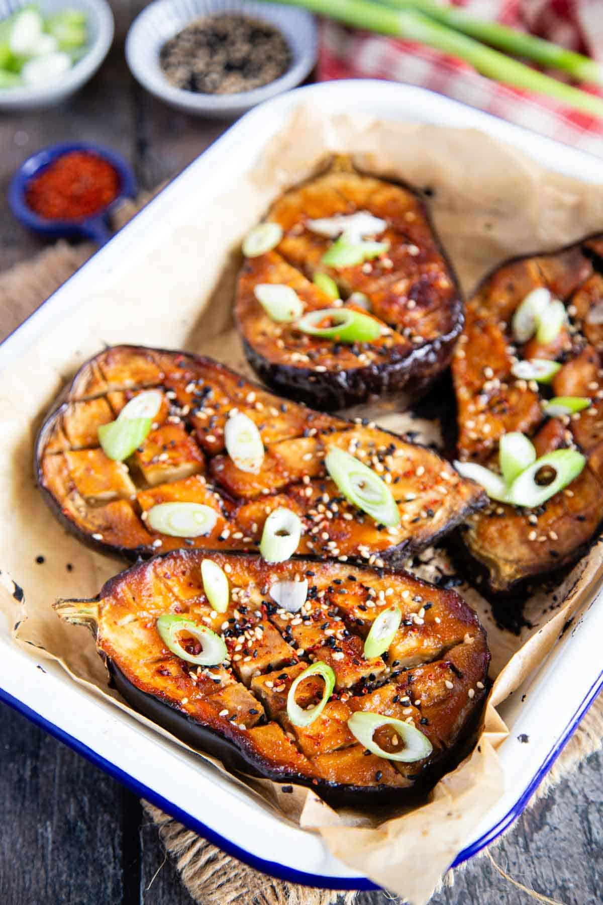 Miso aubergine served from oven to table.