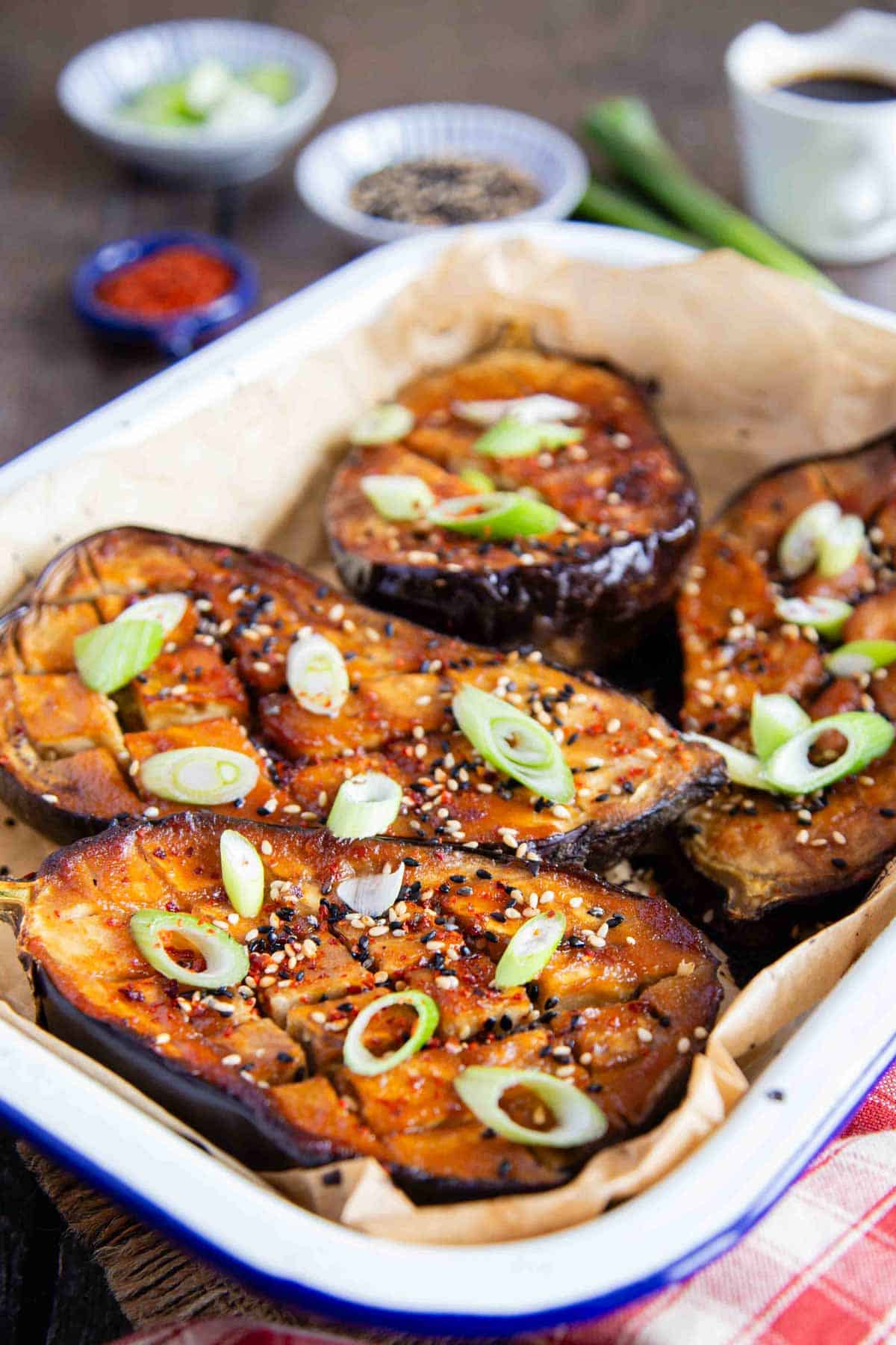 miso aubergines shining with a rich caramelized glaze.