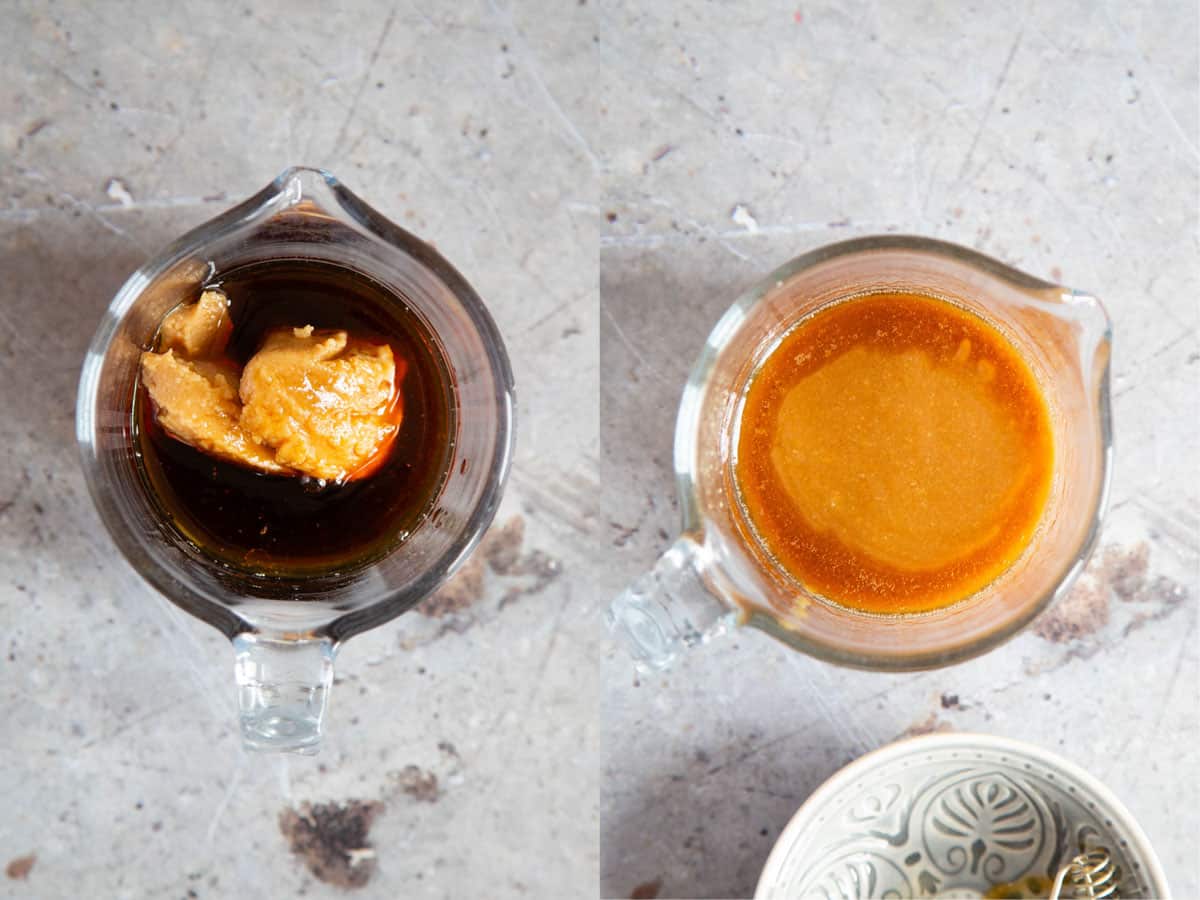 Left: The ingredients for the glaze in a jug. Right: the glaze mixed and ready.