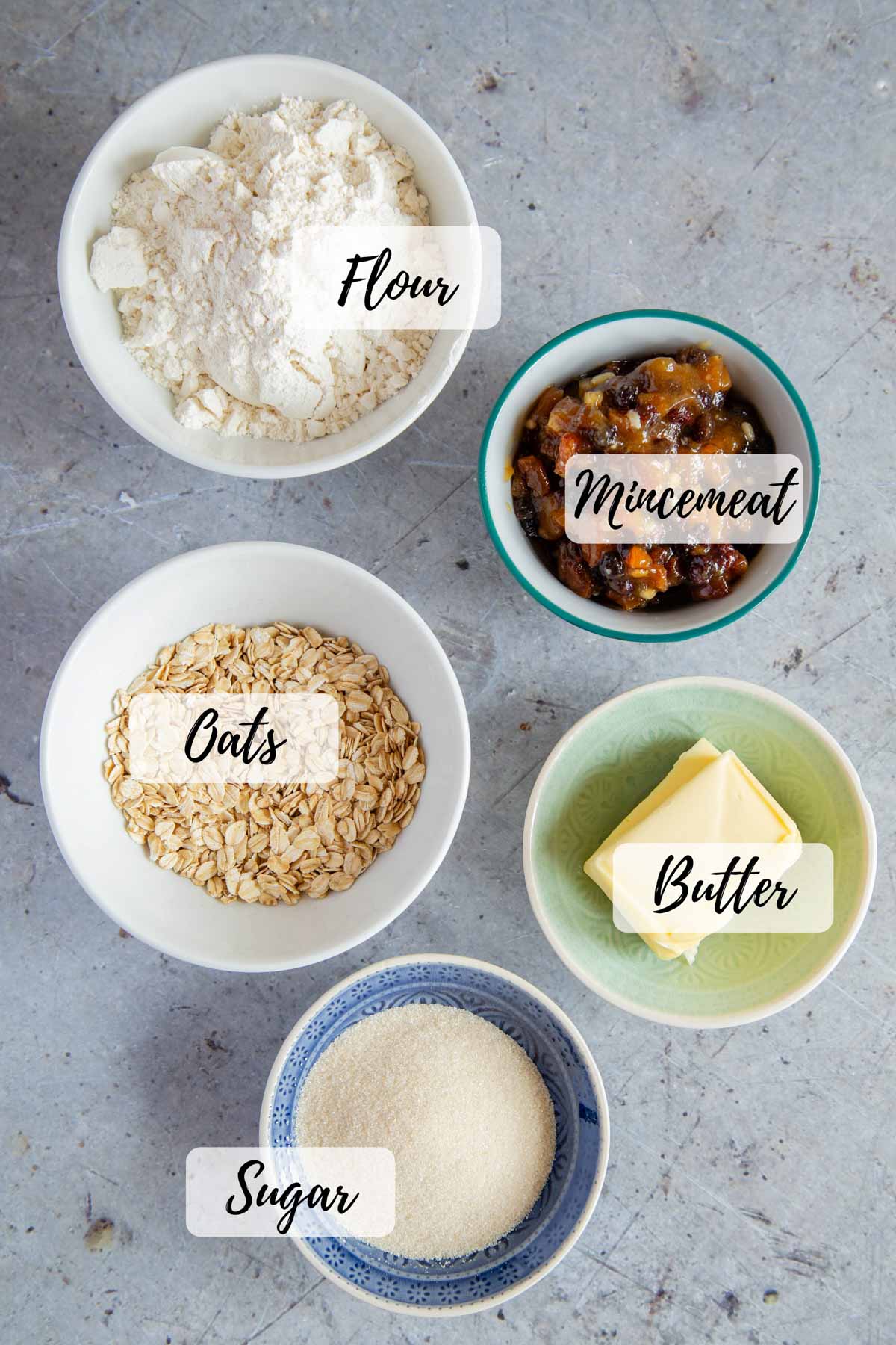 The ingredients: lour, mincemeat, butter, sugar, oats