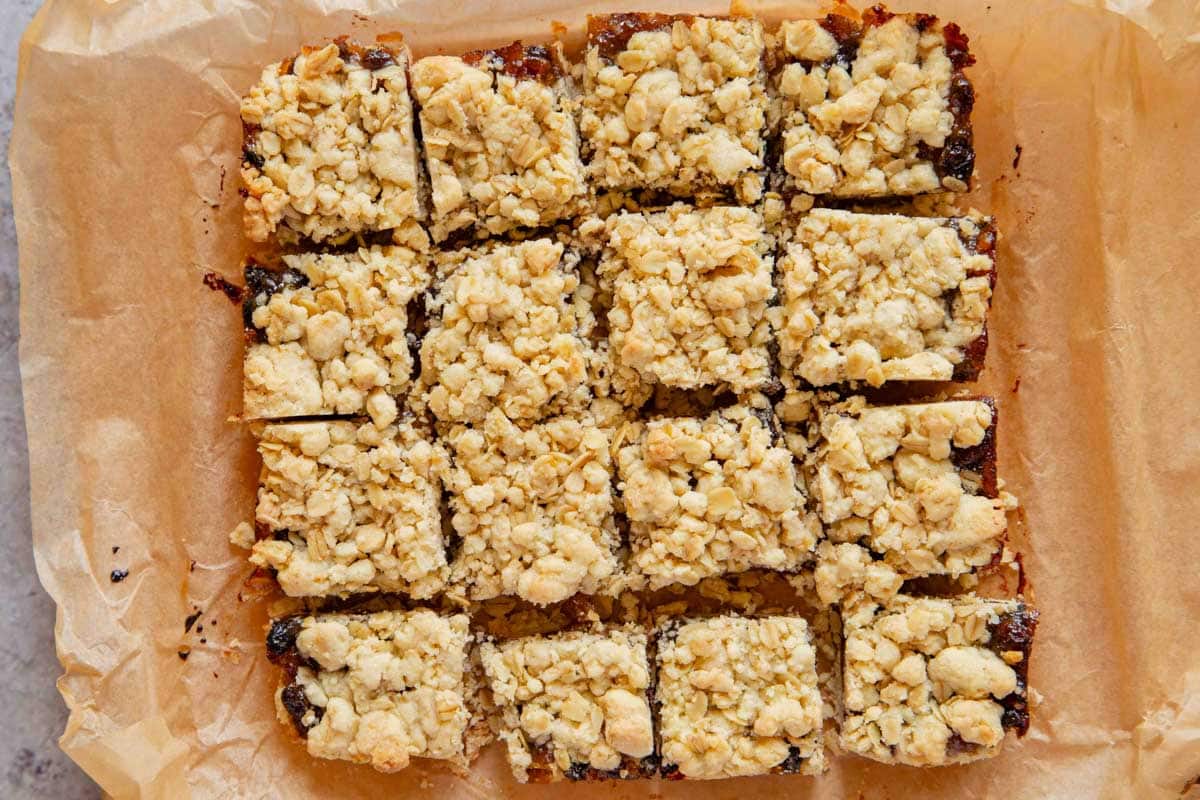 The bake cut into squares, ready to eat.