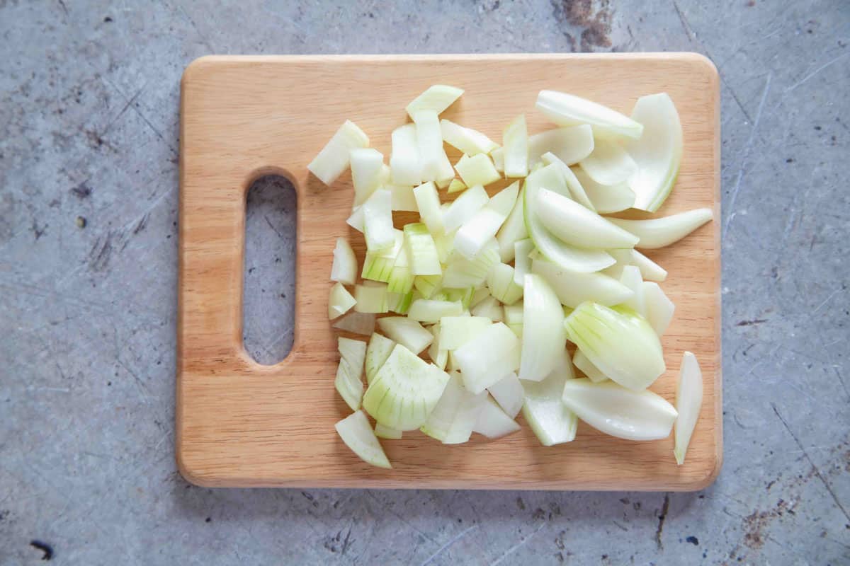 The onions on a board - everything starts with chopping onions!