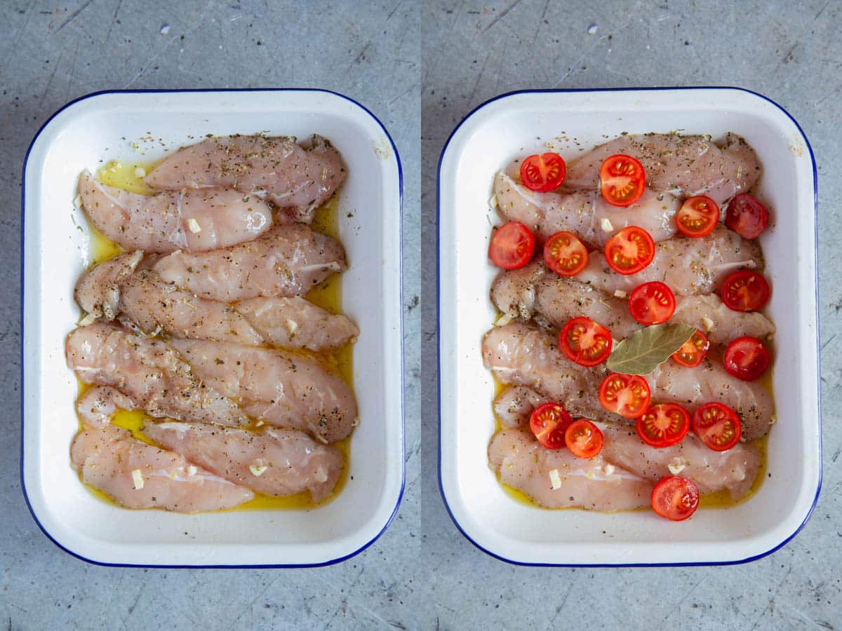 Left: the chicken in the roasting pan with the olive oil. Right: