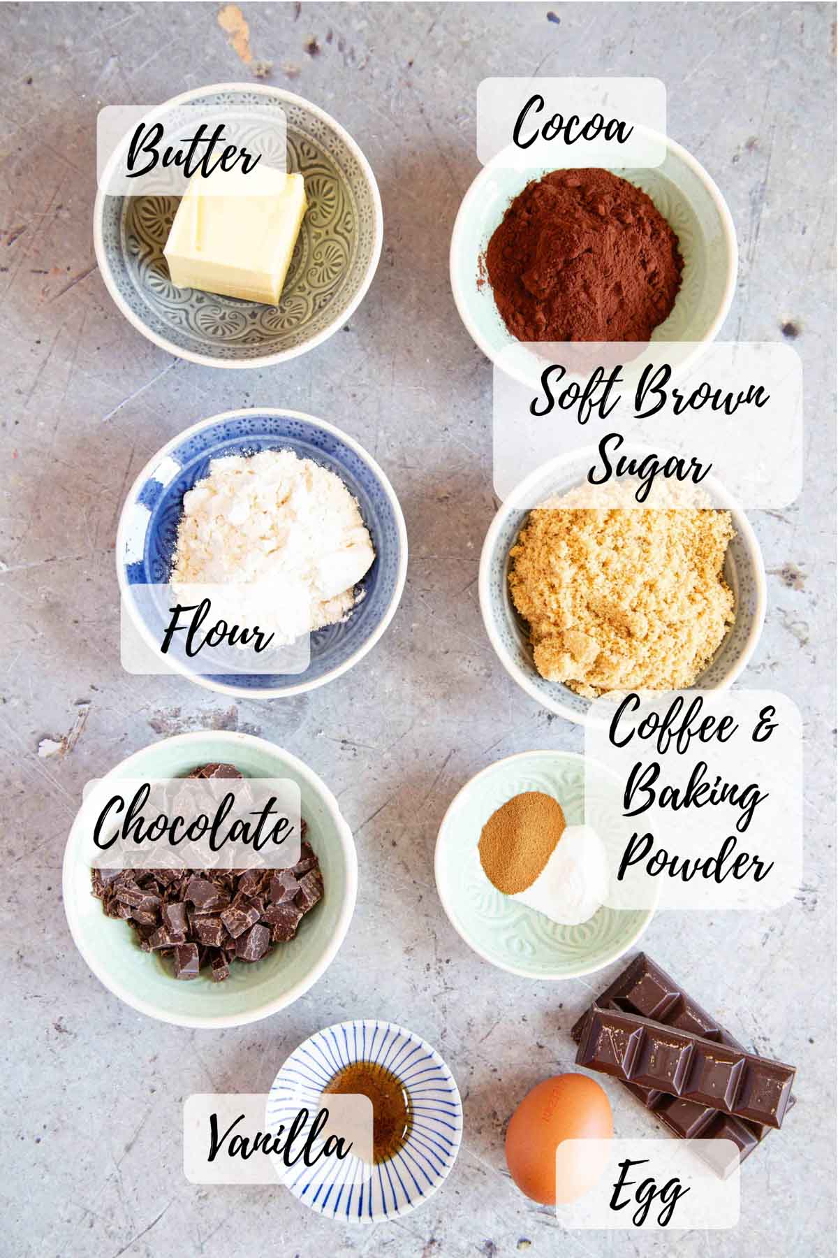 The ingredients: butter, cocoa, soft brown sugar, coffee, baking powder, chocolate, egg, vanilla, chocolate chips or chunks, and flour.