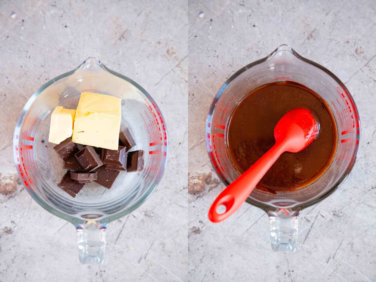 Left: the butter and chocolate in a pyrex jug. Right: the melted butter and chocolate combined.
