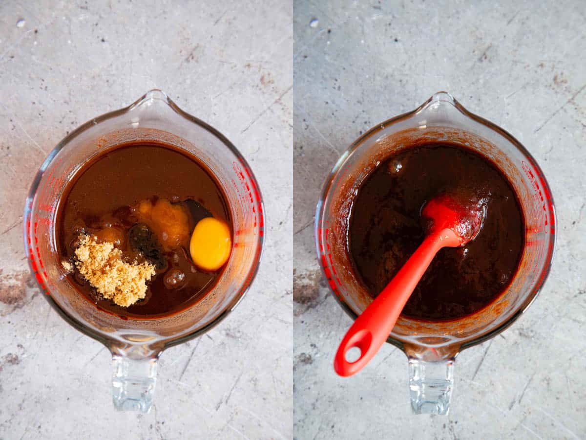 Left: the vanilla, sugar and egg added to the jug. Right: the ingredients combined.