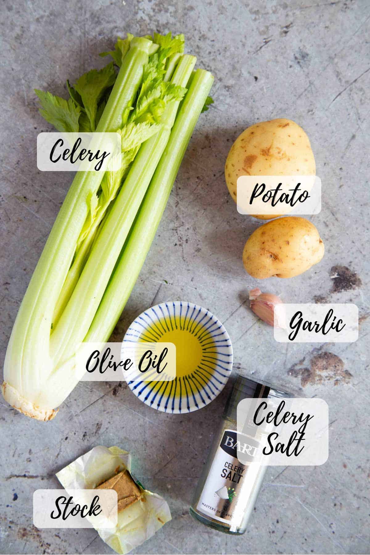 The ingredients: celery, potato, garlic, celery salt, stock and olive oil.
