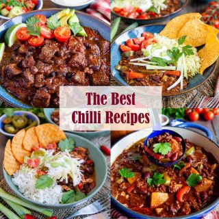 a collage of 4 image of different chilli dishes