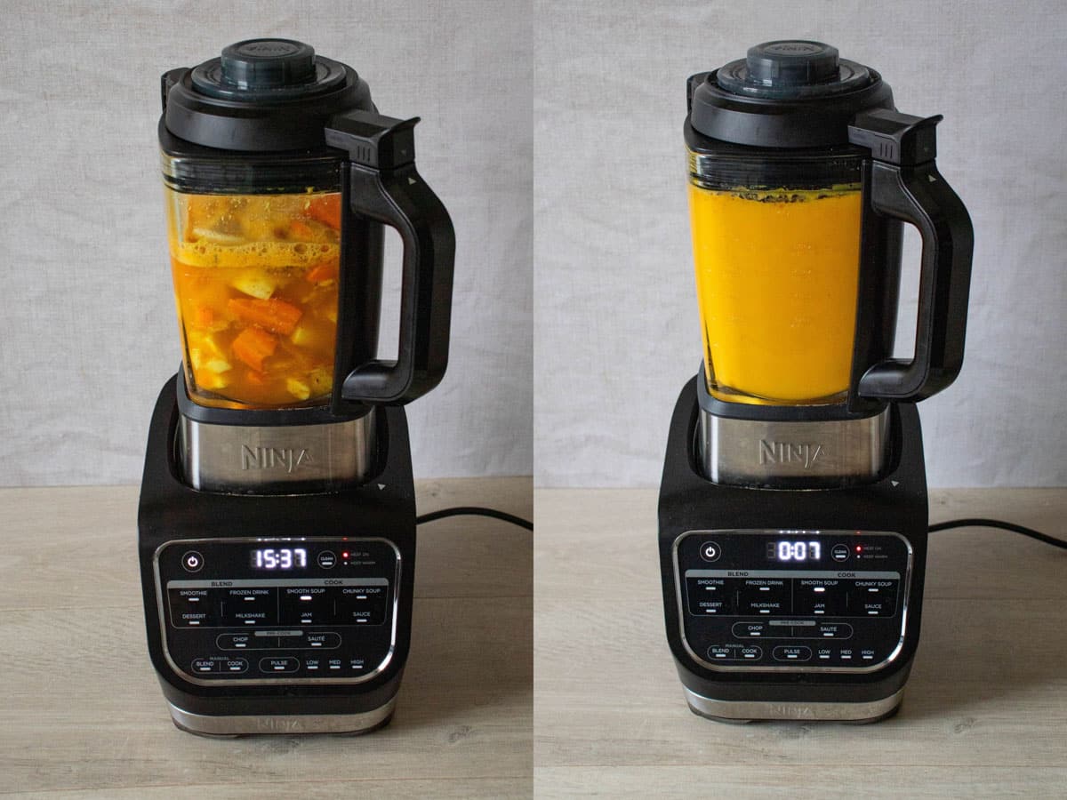 a collage of images showing partially cooked soup and then the cooked soup in the soup maker