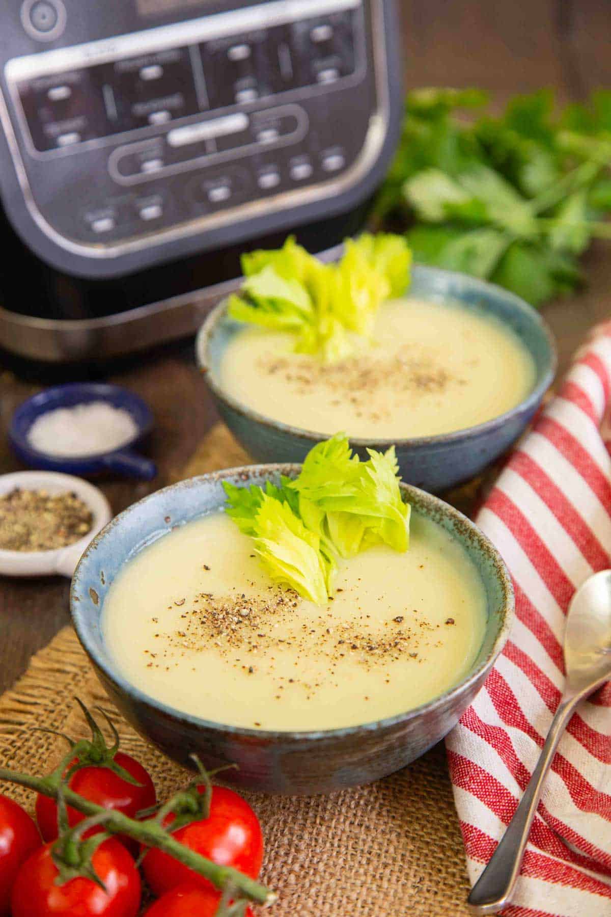 two bowls of freshly made celery soup garnished with fresh celery leaves