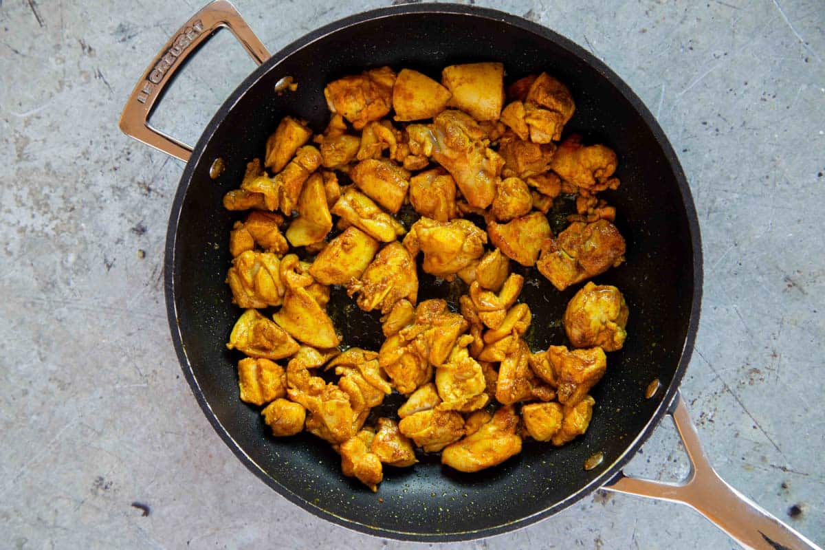 After frying the spice coated chicken pieces are golden and fragrant