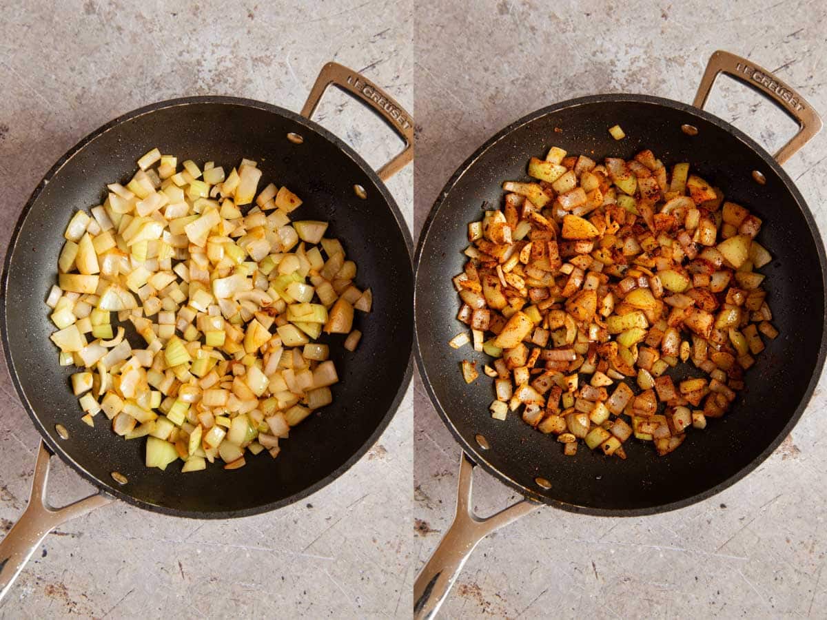 a collage fried onions in a pan before and after adding spices