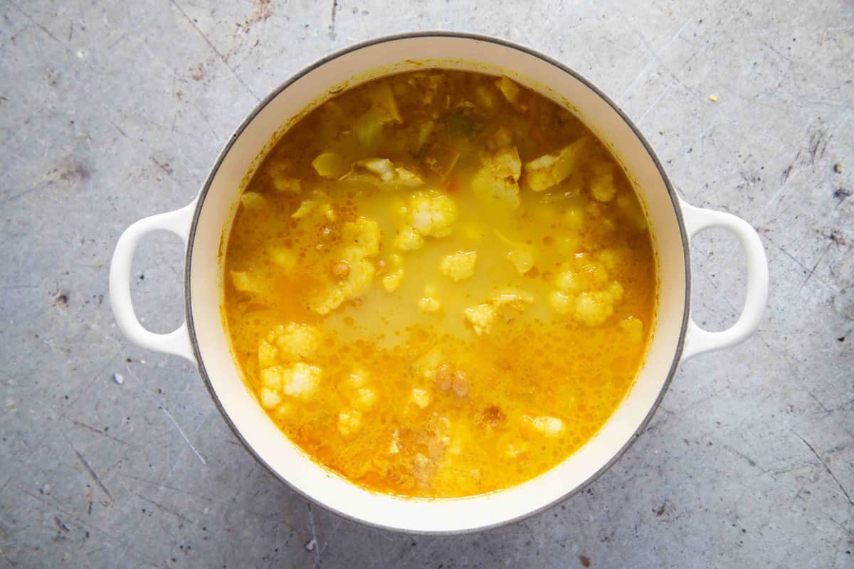 the cooked soup, ready for blending