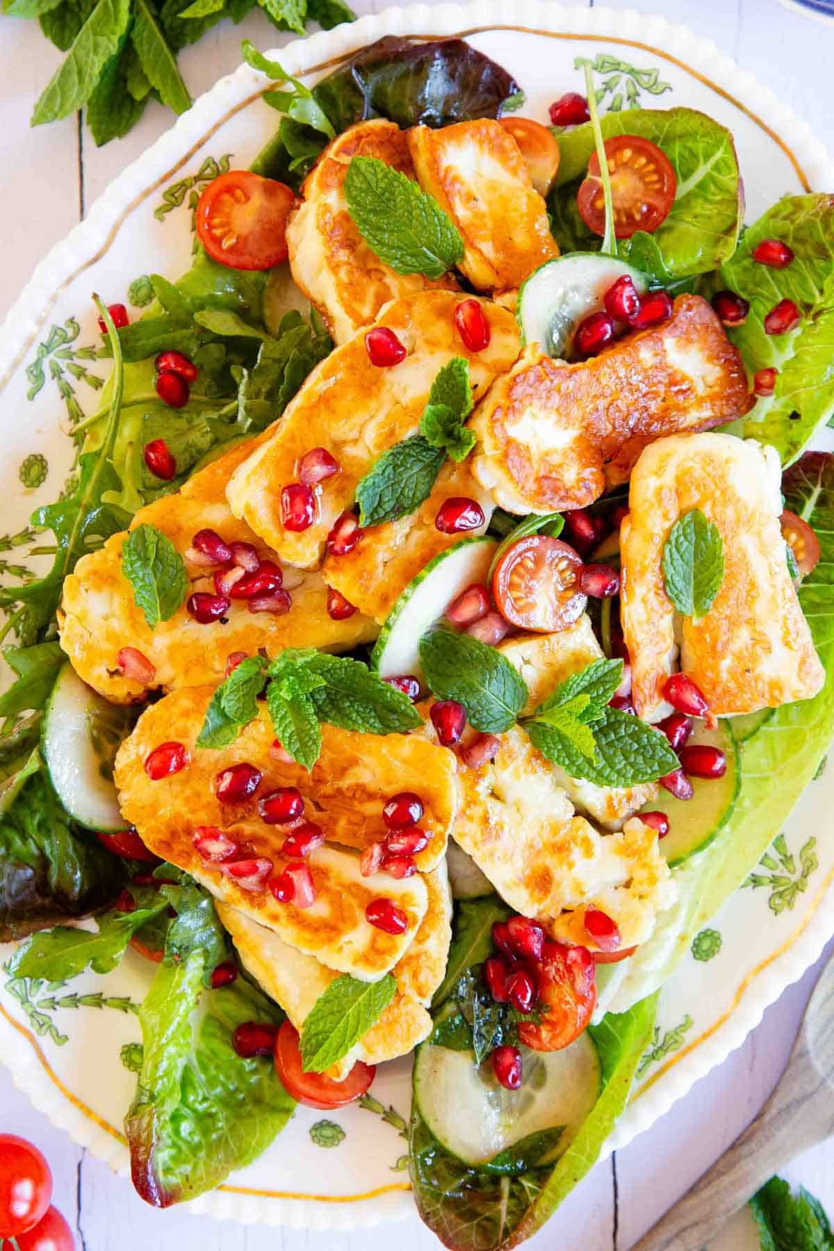 close up of the salad with crispy golden halloumi