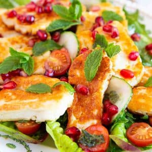 close up of the salad with crispy golden halloumi