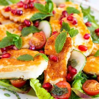 close up of the salad with crispy golden halloumi
