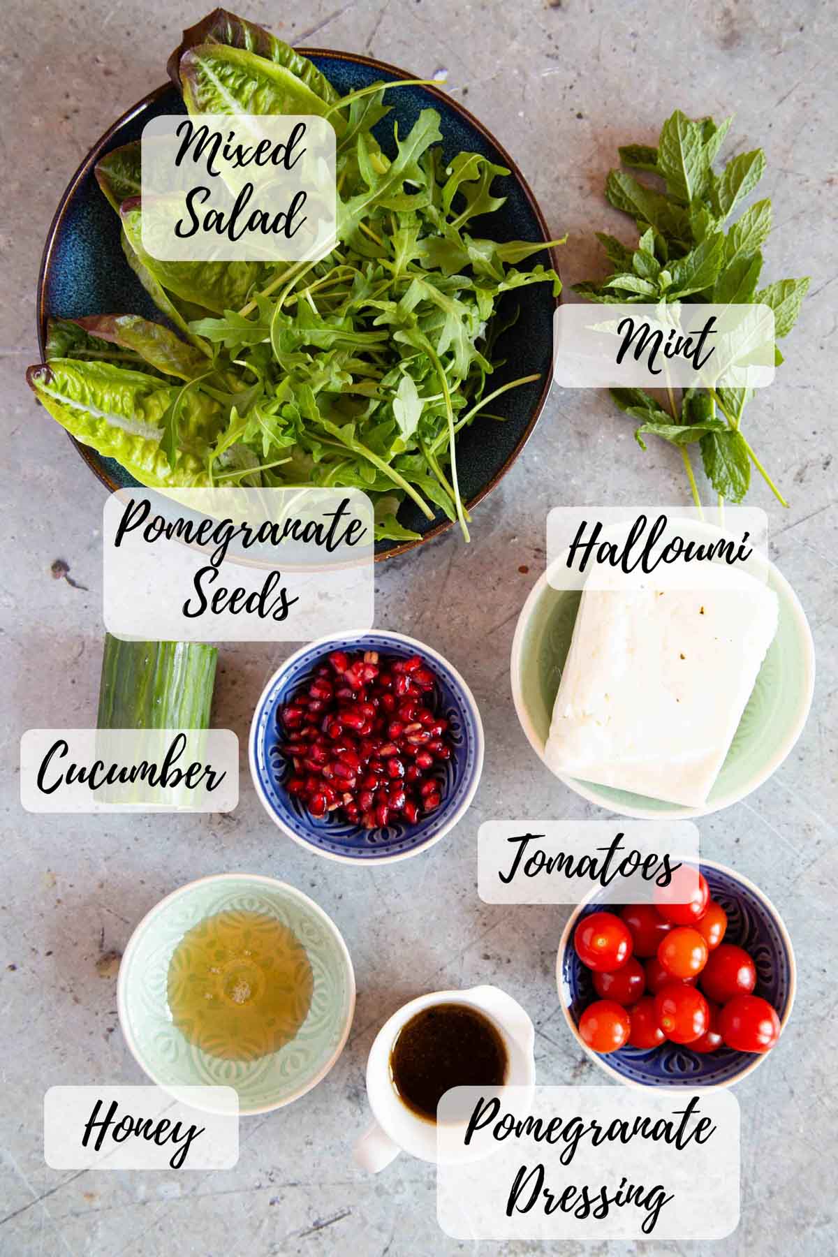 Ingredients for the salad all laid out text overlay names each one