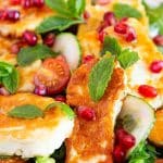 close up of the salad with crispy golden halloumi