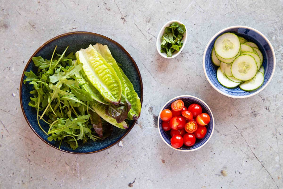 prepared and chopped salad ingredients