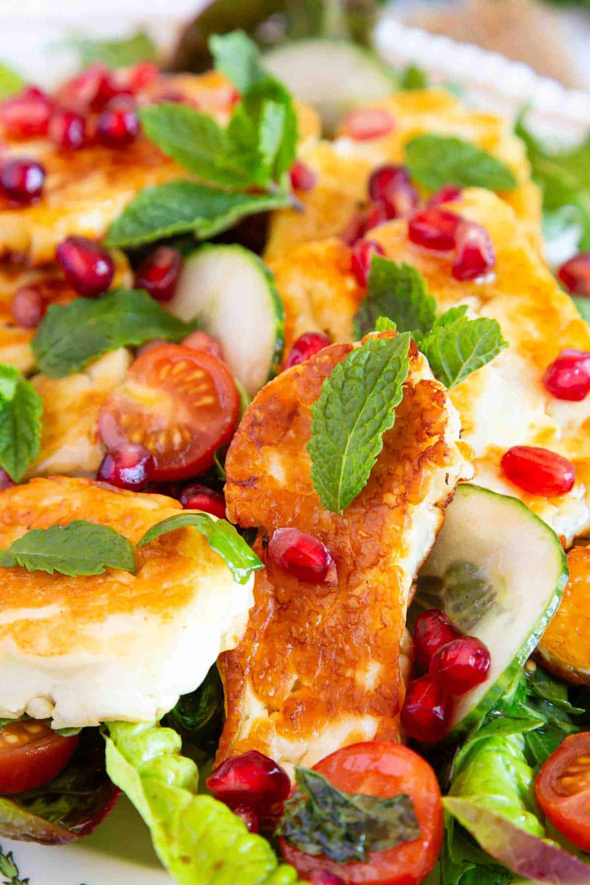 close up of the salad with crispy golden halloumi