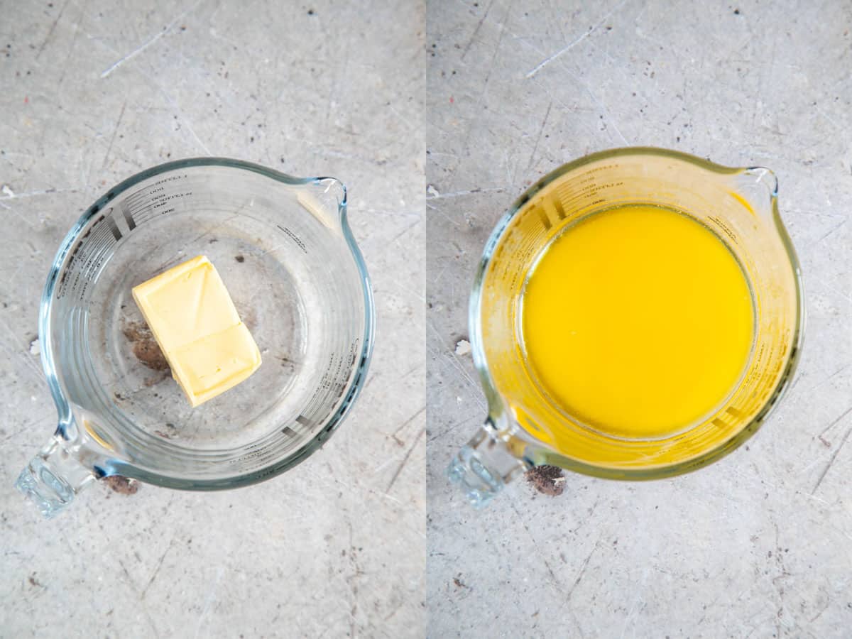 a collage. butter in a glass jug then the same butter melted
