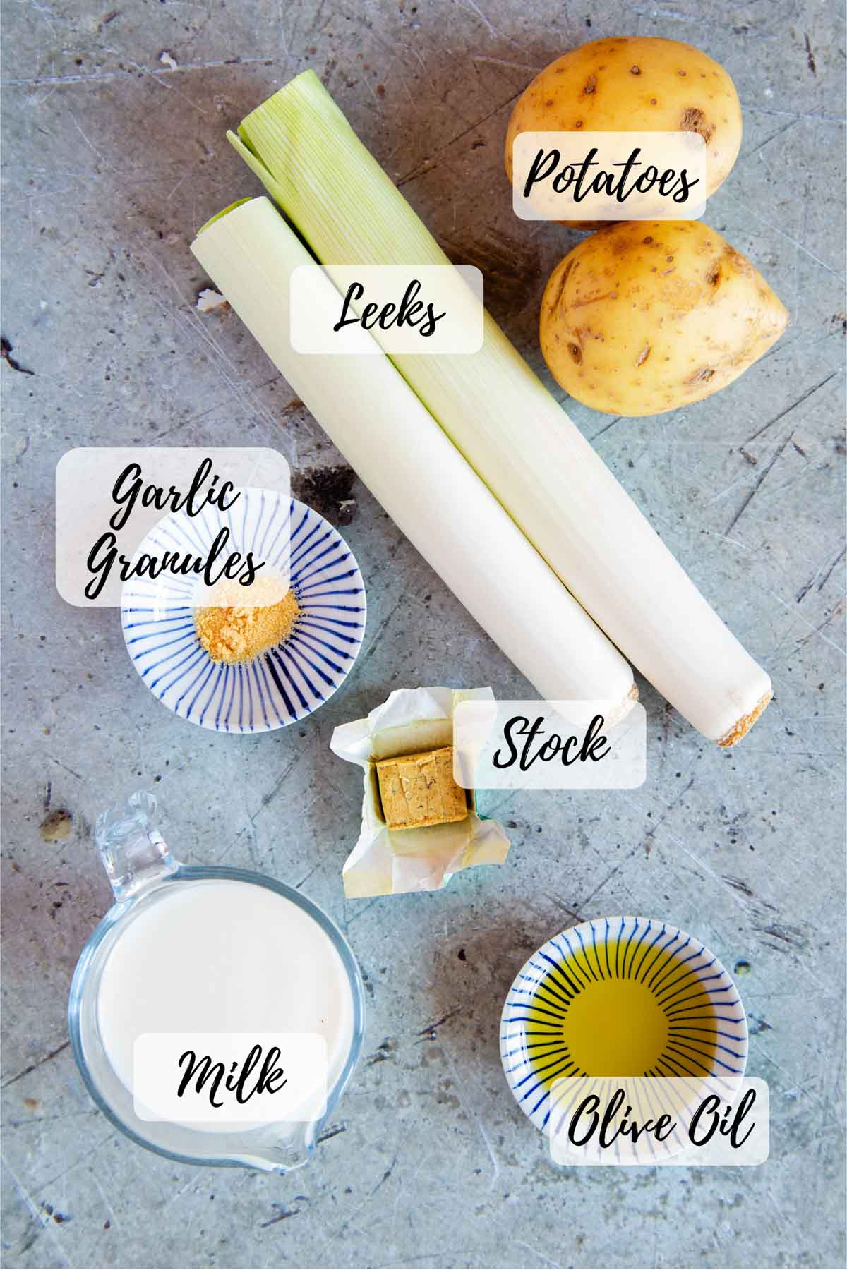 Ingredients for leek and potato soup text overlay labels each one