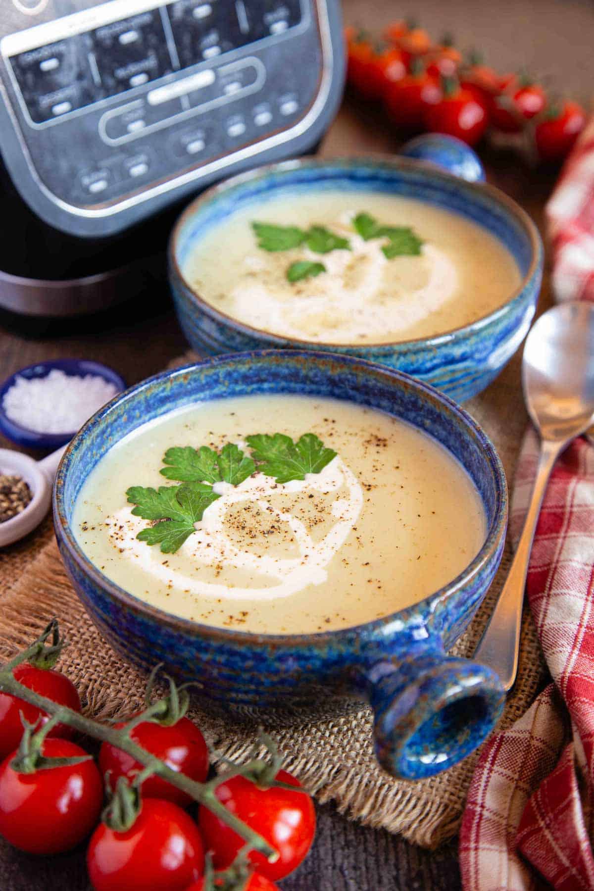 Two bowls of leek and potato soup garnished with cream and parsley