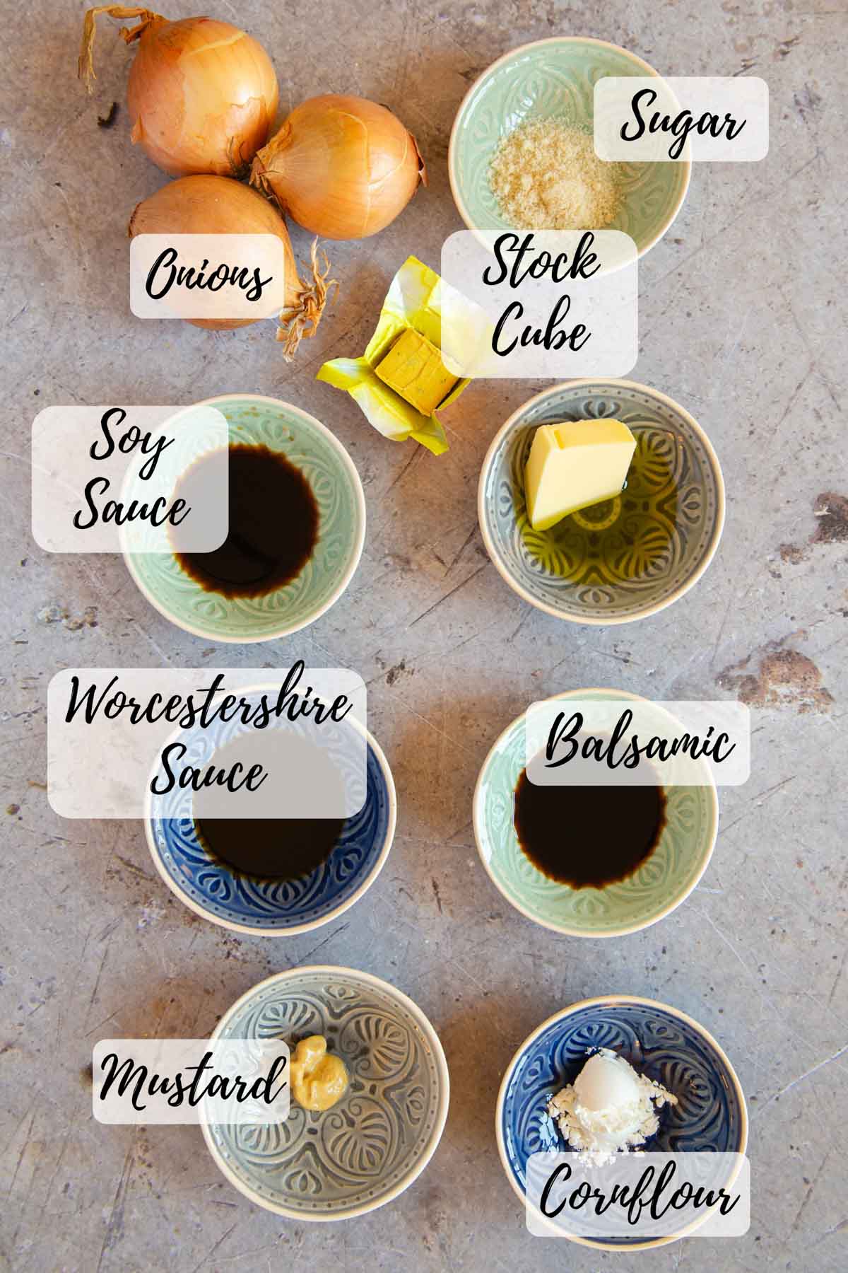 Ingredients for onion gravy text overlay names each one